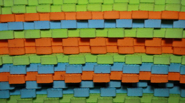 Woven foam tiles create colorful pattern with bright orange, green, and blue in a textured, playful design, perfect for children's play areas.