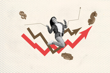 Zine banner trendy collage of happy businessman businesswoman stand arrow progress dollar currency profit development aim