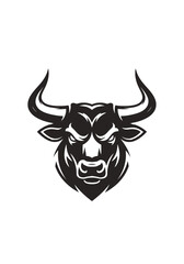 A fierce black bull's head with sharp horns and an intense gaze, presented in a bold graphic style.