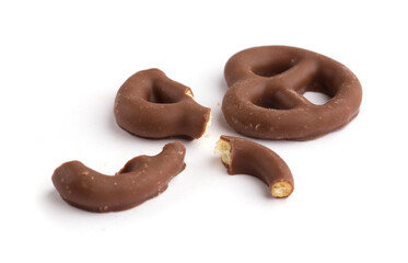 Chocolate pretzel crumbs on a white background