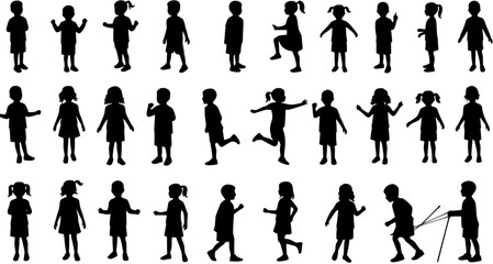 Children Silhouettes: Diverse Kids Play and Pose in Black, Vector Art