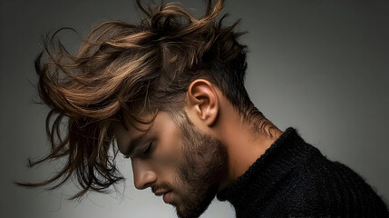 Stylish Man Portrait With Dynamic Hair And Black Shirt
