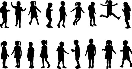 Diverse Silhouettes of Children in Various Poses: Playing, Walking, Jumping, and Standing