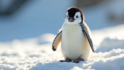 penguin chick stands proudly soft downy feathers glistening warm sunlight captured wide shot low angle