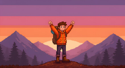 Pixel Art Boy Hiking in Mountain Landscape During Sunset