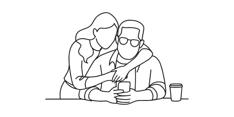 Minimalist one-line drawing of a happy couple using a smartphone together, illustrating connection, modern technology, shared moments, and joyful interaction in everyday life.
