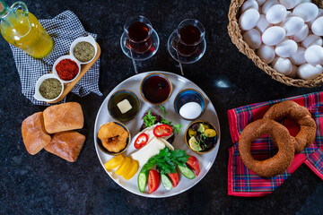 Traditional Turkish Breakfast on Round Porcelain Plate