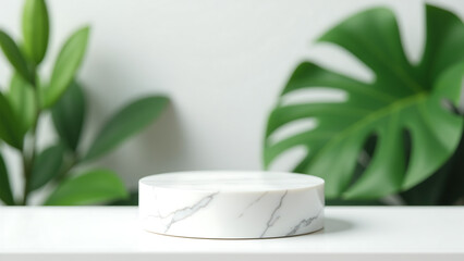 solitary marble pedestal sits atop pristine white surface surrounded lush green leaves blur soft diffused shadows