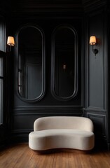 A cream-colored, curved sectional sofa sits in a corner of a room with dark, paneled walls and arched mirrors.
