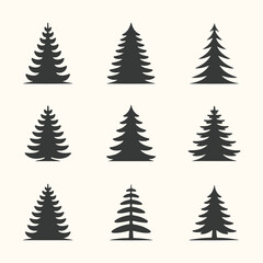 Obraz premium Vector art of collection of nine distinct silhouette christmas tree icons, each with a unique shape and style, presented on a plain background, perfect for holiday design elements and winter themes