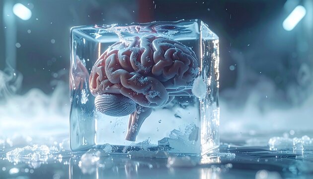 Frozen brain in ice cube futuristic concept