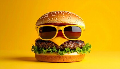 Cool cheeseburger with sunglasses on yellow background