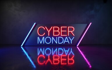 Obraz premium Cyber monday neon sign with red and blue lights reflecting on wet surface