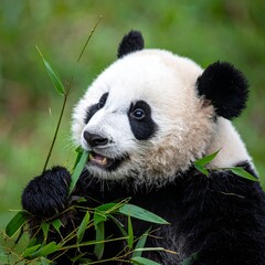 Obraz premium Cute baby panda eating bamboo leaves in green forest background