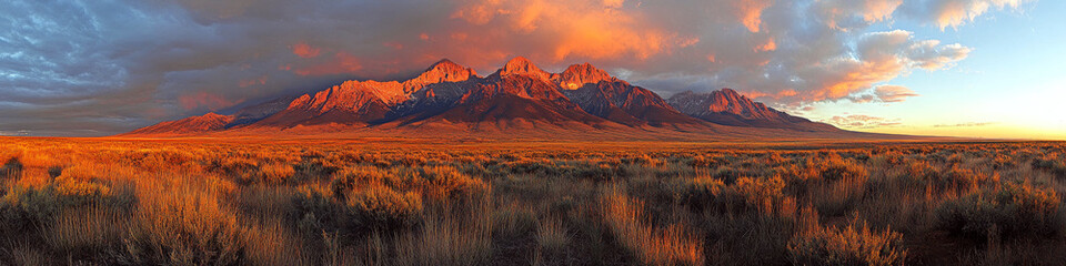 Mountains under a dramatic sky at sunset are surrounded by a grassy plain. Concept of natural landscape beauty. For travel brochure.