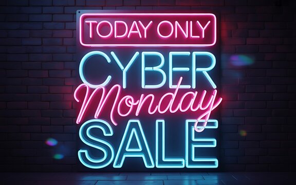 Cyber monday sale neon sign with today only message on a brick wall