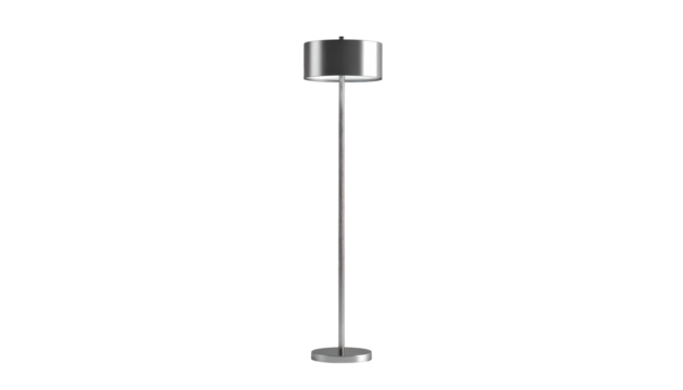 Simple, modern floor lamp, illuminated with a diffused glow, against a dark, black background, showcasing contemporary interior design with a minimalist aesthetic and sleek silver color.