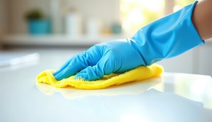 Hand in blue glove wiping white kitchen surface with yellow cloth, close-up, ideal for home cleaning, household care, hygiene, modern interior, and lifestyle concepts