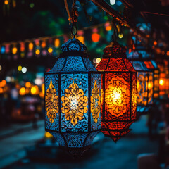Colorful lanterns hang in a row, glowing warmly in the evening. Concept of festive decoration and cultural ambiance. For event or celebration promotion.