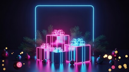Christmas gifts with neon lights and ornaments, festive holiday celebration