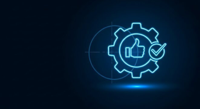 Neon-lit gear icon with a thumbs up and checkmark on a dark background with blue glow and minimalist composition.