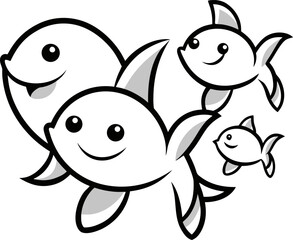 Group of cute cartoon fish swimming together in a playful and friendly design