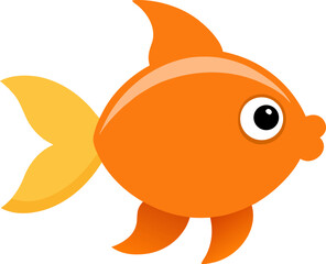 Cute cartoon goldfish swimming with bright orange body and yellow tail on white