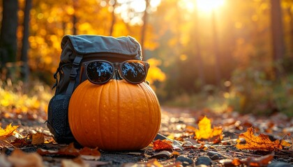 Playful autumn scene of a pumpkin wearing sunglasses and leaning against a backpack on a forest path with golden fall leaves.