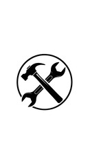 Hammer and wrench crossed in a circle, black and white repair icon.