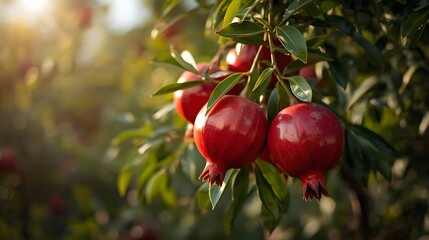 Ripe pomegranates hanging on the tree, vibrant red fruits among green leaves