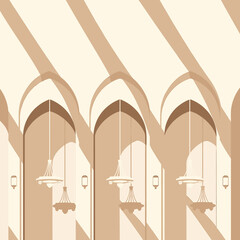 Illustration of a series of arched doorways with hanging chandeliers and shadows.