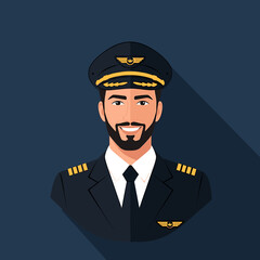 Smiling pilot wearing a uniform and hat with wings emblem against a dark blue background.