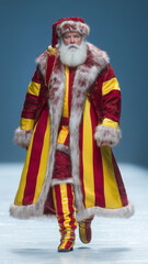 Fototapeta premium Santa Claus in a fur coat in the colors of the Spanish flag on a podium on a plain background
