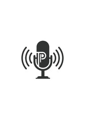 Podcast microphone icon with the letter P inside, broadcasting audio waves.