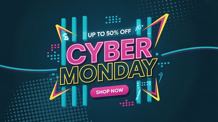 Cyber monday sale banner with up to 50 off, shop now button, and abstract design