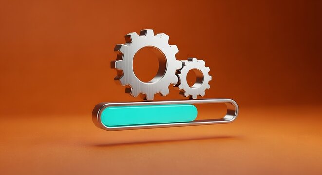 3D rendering of two metallic gears above a loading bar with a teal progress indicator on a gradient orange background