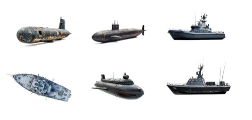 Fototapeta premium Collection of Submarine side view isolate on transparent background