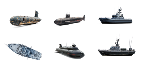 Collection of Submarine side view isolate on transparent background