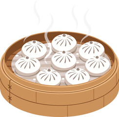 Fresh dumplings steaming in a traditional bamboo basket, perfect for Asian cuisine themes and food illustrations