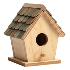 Small wooden birdhouse with a multi-toned shingle roof