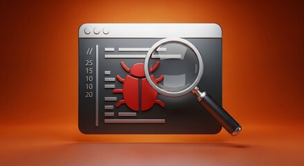 A magnifying glass examines a red bug icon on a computer screen with a dark interface and orange gradient background.