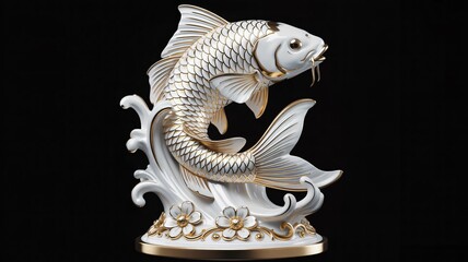 Fototapeta premium Elegant white and gold koi fish sculpture leaping through stylized waves, symbolizing prosperity and good fortune.