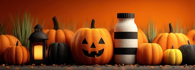 Halloween Pumpkins with lantern and jug.