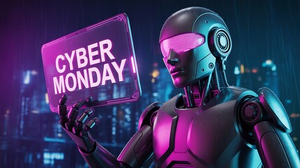 Robot holding a sign with cyber monday text, futuristic neon lights and city background