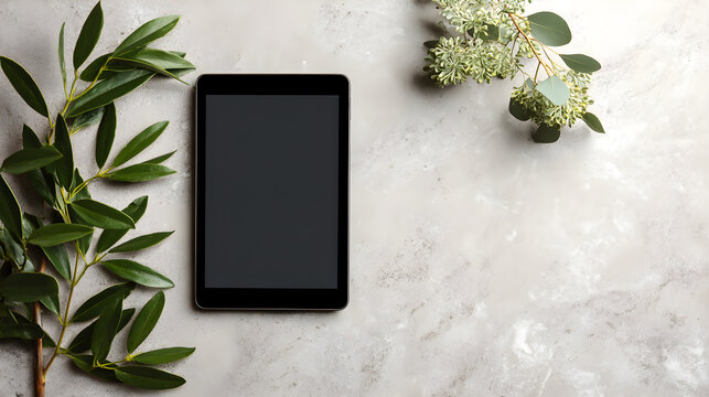 Modern tablet device with natural greenery elements on a textured stone surface, flat lay.