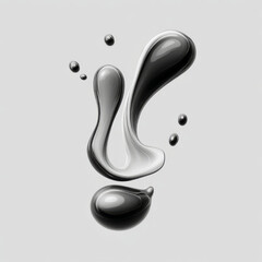 Dynamic Liquid Exclamation Mark with Splashes, reflective grey and white, representing urgency and fluidity.