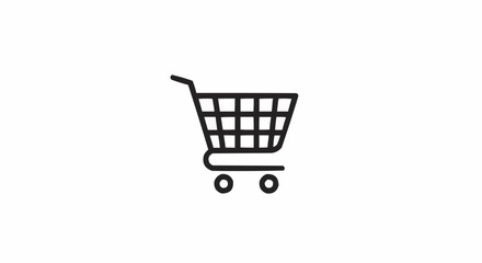 A simple line drawing of a shopping cart with a basket and wheels on a white background image view
