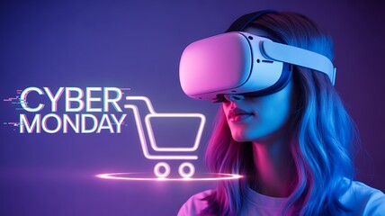 Woman wearing vr headset with cyber monday text and shopping cart icon, neon lights