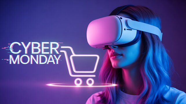 Woman wearing vr headset with cyber monday text and shopping cart icon, neon lights