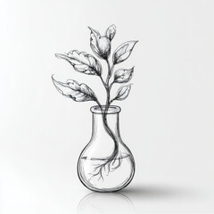 Hand-drawn Plant in Flask, black and white, representing botany and scientific research.